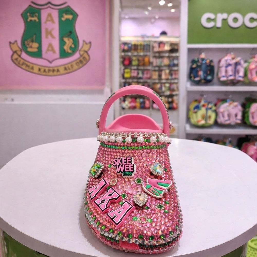 Crocs Alpha Kappa Alpha AKA Custom Rhinestone Clogs Pink Green Womens 9 Mens 7 - Picture 4 of 6